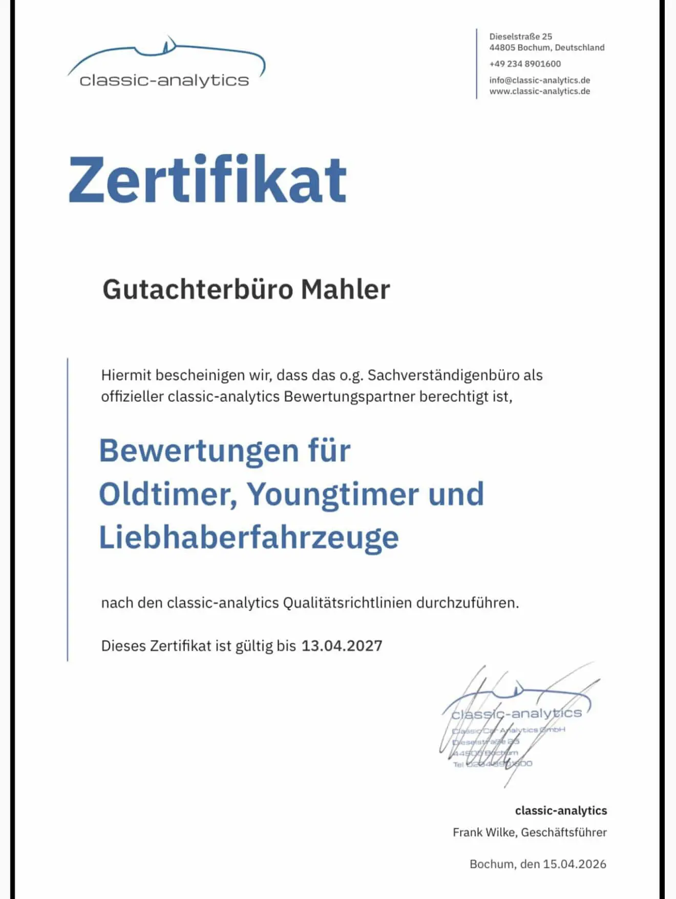 classic-analytics Zertifikat — Gutachterbüro Mahler